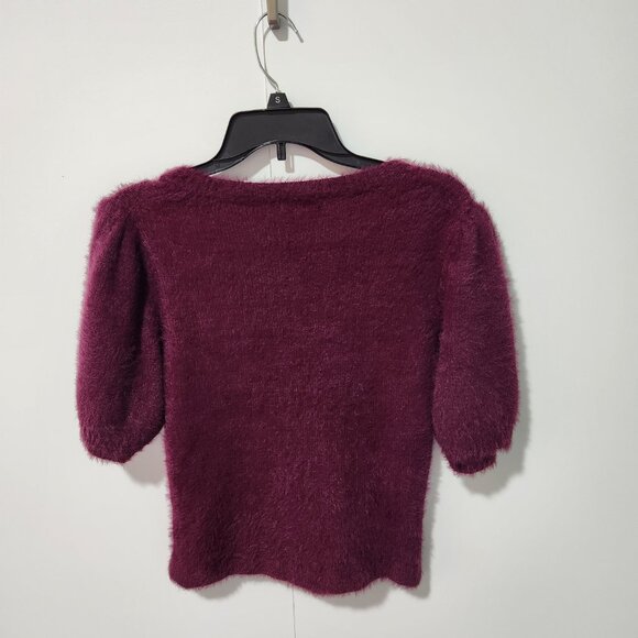 525 America Fuzzy Burgundy Plum Color V-Neck Short Sleeve Sweater Small - Picture 5 of 5